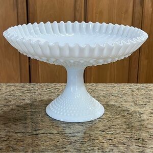 Vintage Hobnail Milk Glass Pedestal Fruit Bowl Or Cake Plate 11" x 7.5"